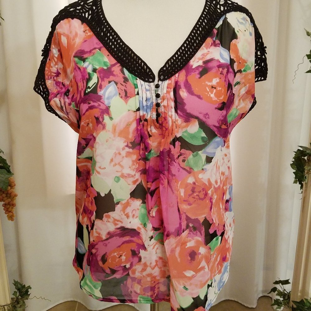 Candies pink and green button top crocheted top